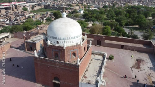 Ariel or Drone View of Multan Darbar Hazrat Bahauddin Zakariya Multani Tomb. Multan Picturesque Breathtaking View of Hazrat Bahauddin Zakariya Tomb on a Sunny Blue Sky Day. Drone View 4K photo