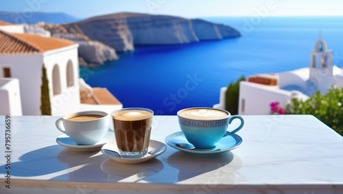Traditional Greek coffee on a balcony with a beautiful Greek Mediterranean city in the background, 2 cups of coffee or tea on a blurred background of an evening Greek seascape