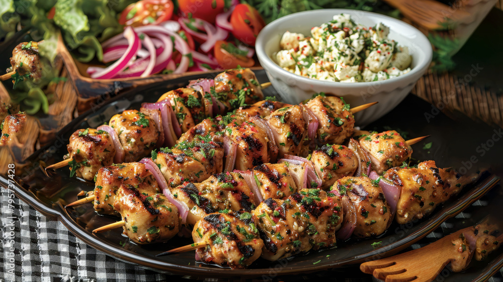  skewers at forefront, salad bowl in background