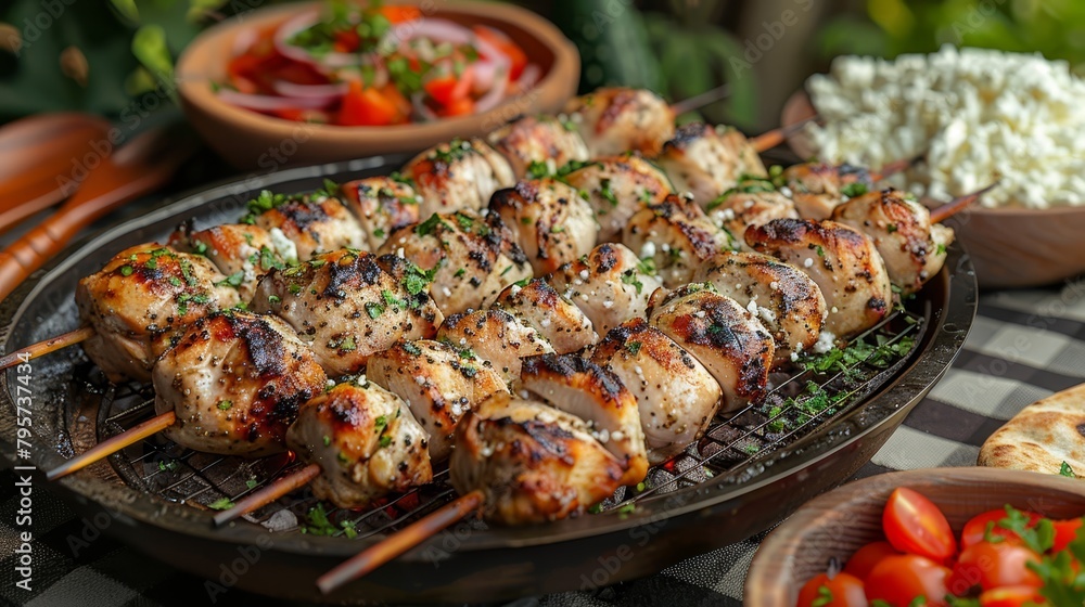   Close-up of chicken skewers on a sizzling grill Background features bowls of rice and tomatoes