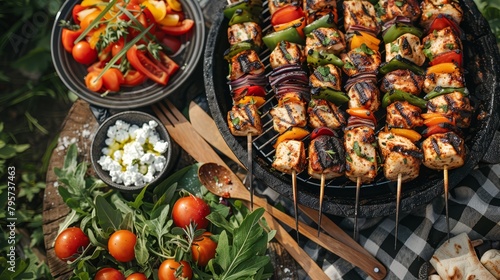  A tight shot of a plates' worth of meat and vegetables on skewers