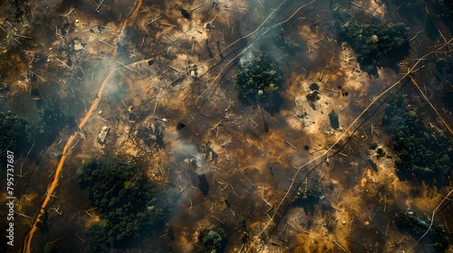 A high-definition aerial view of a deforestation site, showing the patchwork of remaining forest fragments amidst vast stretches of cleared land photo