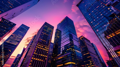A high-definition cityscape at dusk with glowing office buildings, focusing on a skyscraper with a prominent bank logo.