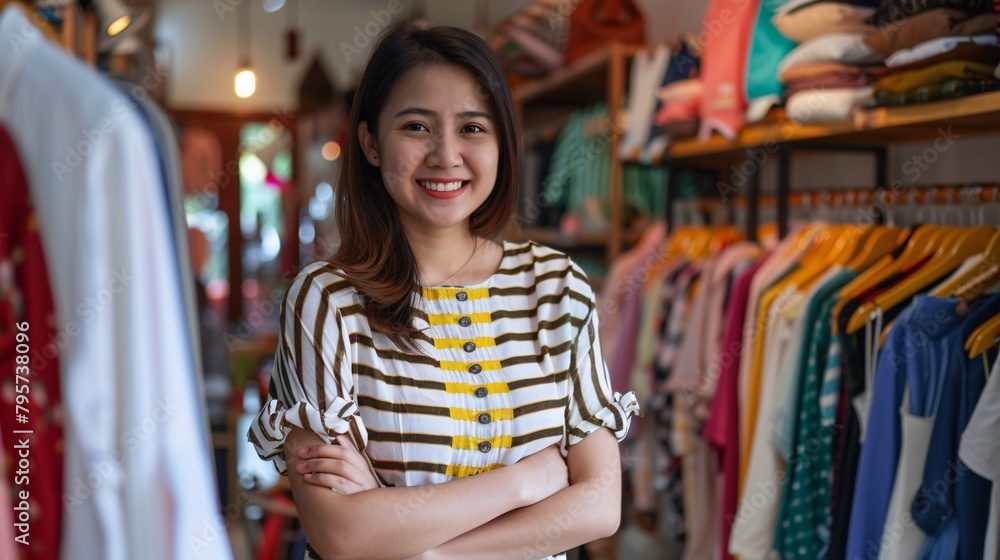 portrait of clothing shop owner, standing in front of his clothing shop and looking at camera portrait of clothing shop owner, standing in front of his clothing shop and looking at camera