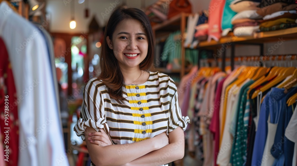 portrait of clothing shop owner, standing in front of his clothing shop and looking at camera