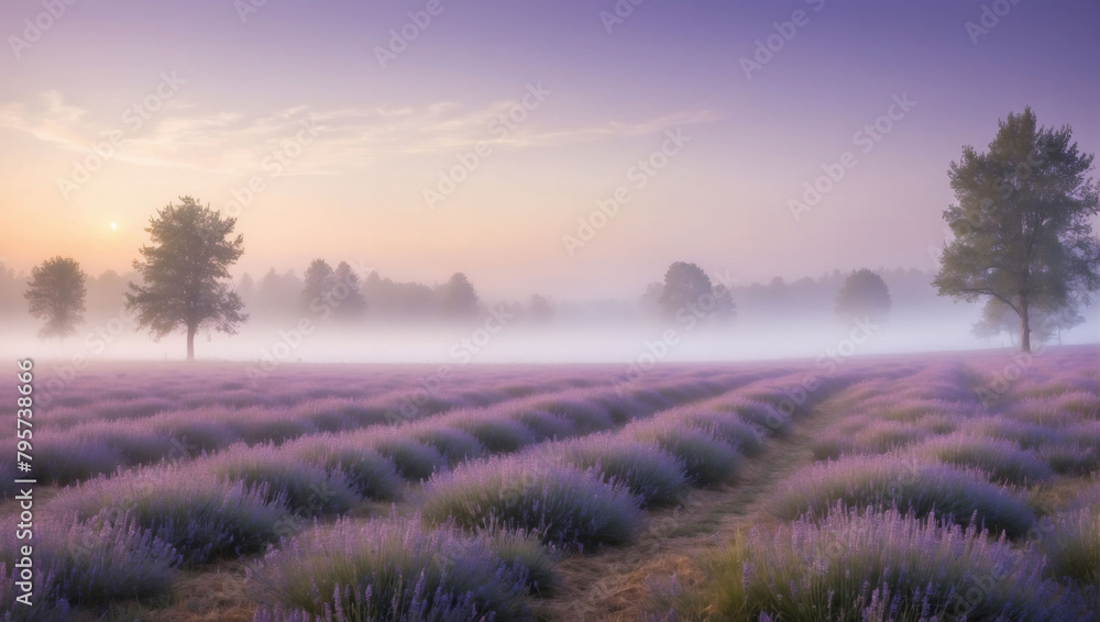 Misty Morning Meadow, Landscape with Fog in Shades of Lavender, Creating a Dreamy Atmosphere.