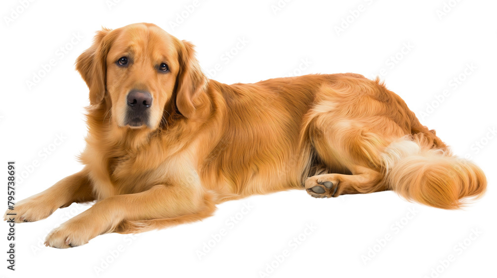 Sad golden retriever dog lying on the floor, pet isolated on transparent background, bored and unhappy animal