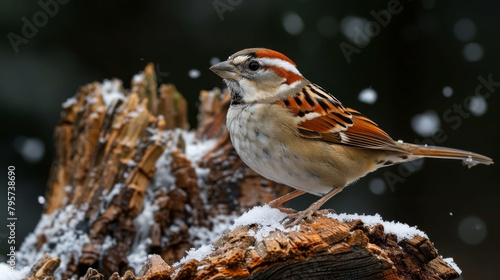   A small bird atop a tree stump, surrounded by snow-covered ground and falling snowflakes behind