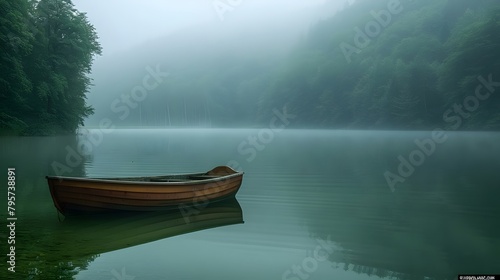 A serene landscape photograph of a peaceful lake surrounded by lush greenery, perfect for boating and fishing © JKashko