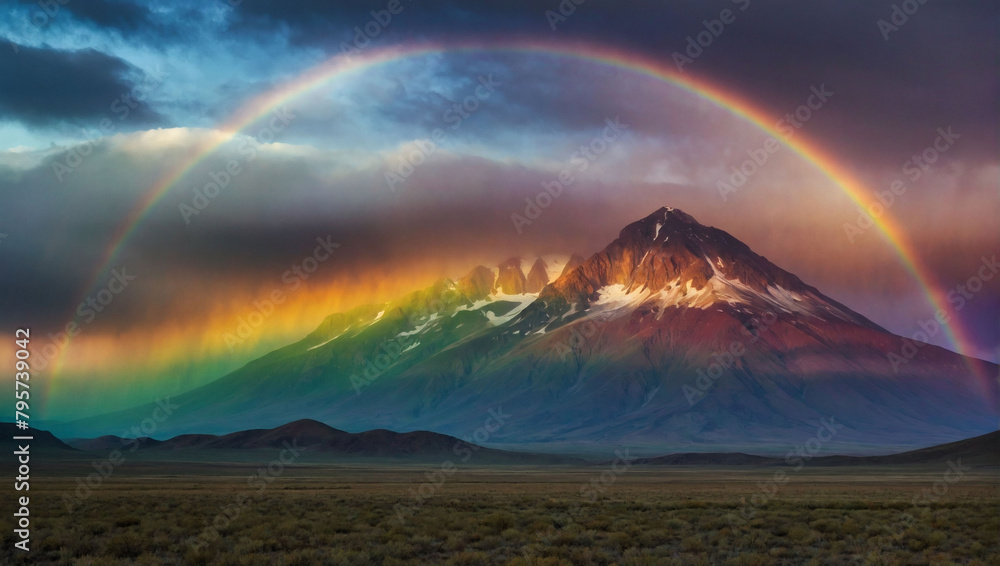 Mountain Mirage, A Vibrant Landscape with Mist-Shrouded Mountain Peaks and Prismatic Rainbows Arching Overhead.