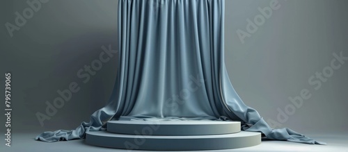 Blue background of 3d podium and fabric curtain.