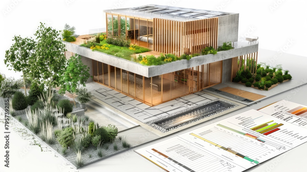 A 3D rendering of a sustainable building architecture model, displayed alongside detailed blueprints A 3D rendering of a sustainable building architecture model, displayed alongside detailed blueprints