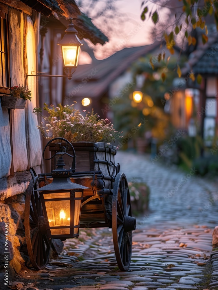 Obraz premium Vintage Lantern on Carriage Cobblestone Twilight