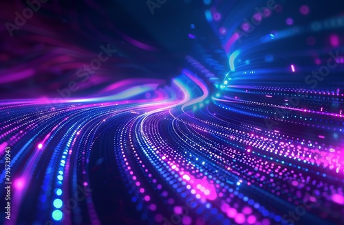 An abstract digital art piece with a dynamic blend of purple and blue lights, resembling a futuristic or cybernetic theme, possibly representing a network or data flow.