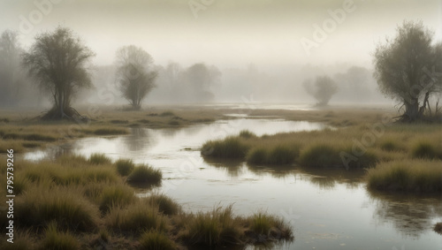 Mystic Marshland Haze, Landscape with Fog in Earthy Tones of Olive, Concealing a Mystical Marshland.