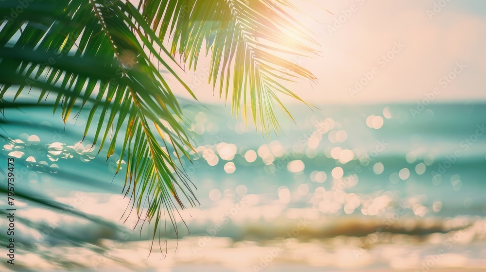 A captivating image of a green palm leaf softly blurred in the foreground, with a sunlit tropical beach as the backdrop A captivating image of a green palm leaf softly blurred in the foreground, with a sunlit tropical beach as the backdrop