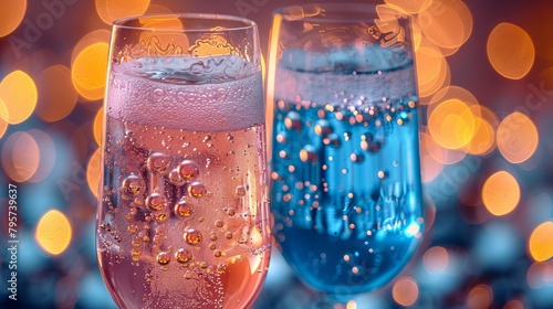Two glasses of champagne against a blurred bokeh background with an abstract light effect.