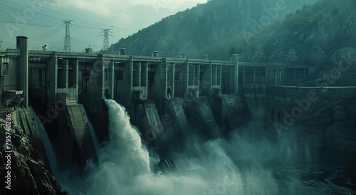 Massive dam with water gushing, surrounded by misty mountains.