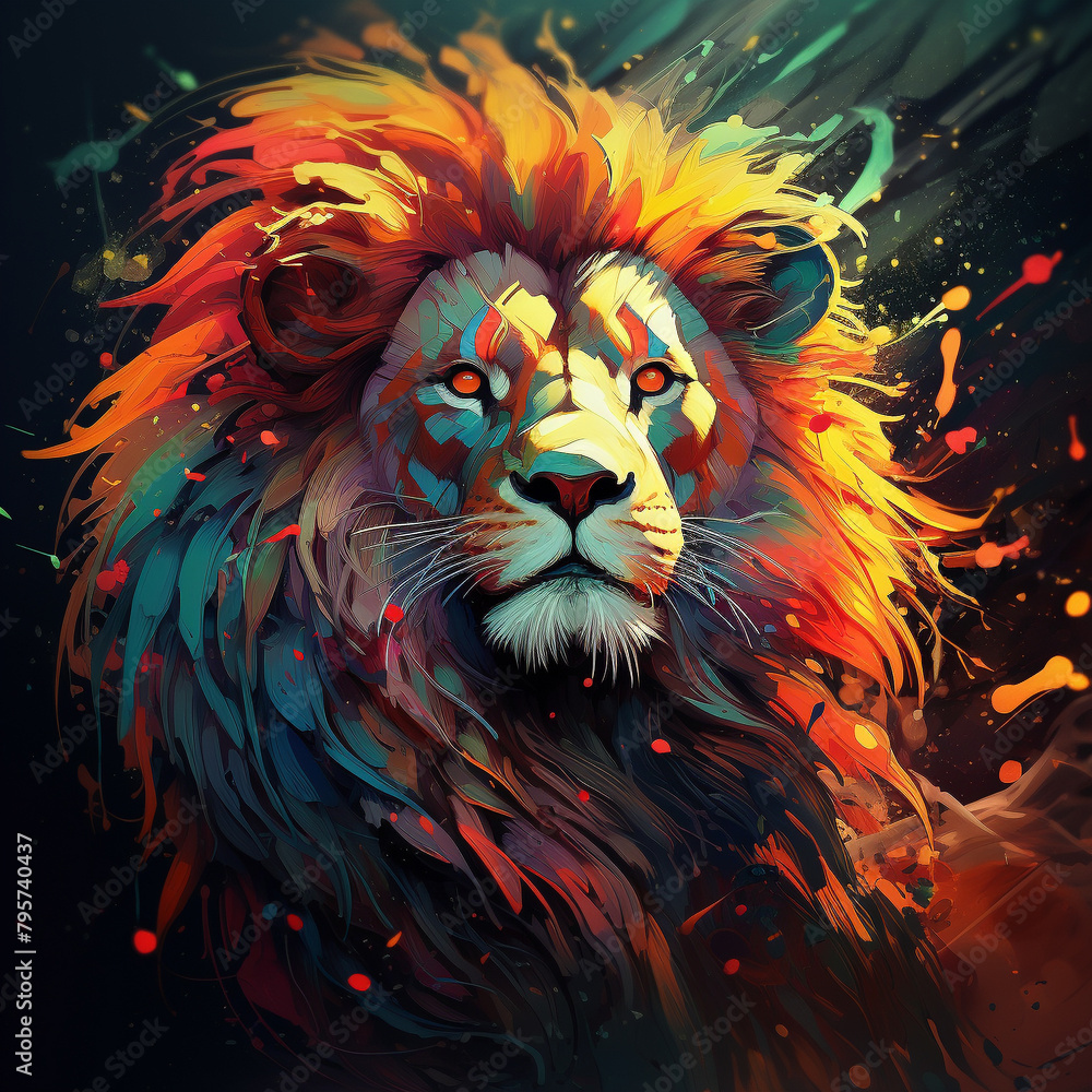 Beautiful illustration of a lion full of colors. Image made by artificial intelligence.	