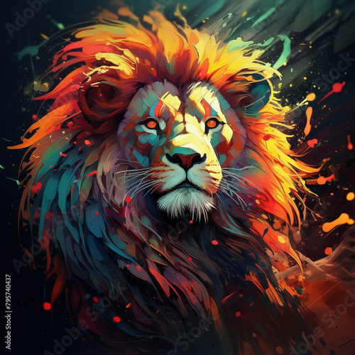 Beautiful illustration of a lion full of colors. Image made by artificial intelligence. 