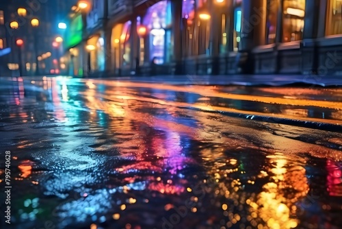 City lights gleam in the rain-soaked night, casting reflections in puddles with a blurred backdrop of buildings.