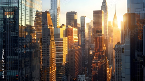 A high-resolution image of a financial district in an urban center, with towering buildings reflecting the early morning sun photo