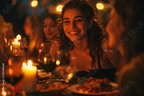 portrait of beautiful woman enjoying dinner in cafe with sparkling lights and candles, beautiful and romantic