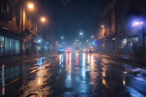 City lights gleam in the rain-soaked night, casting reflections in puddles with a blurred backdrop of buildings.