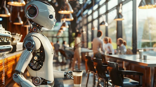 A humanoid robot serving coffee in a bustling caf?(C), interacting with customers, with a detailed modern interior background photo
