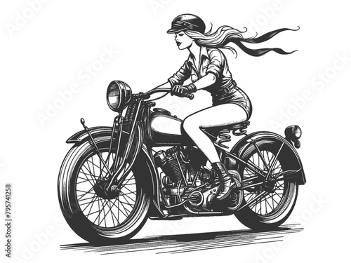 retro biker woman with flowing hair  riding classic motorcycle with focused gaze sketch engraving generative ai fictional character vector illustration. Scratch board imitation. Black and white image
