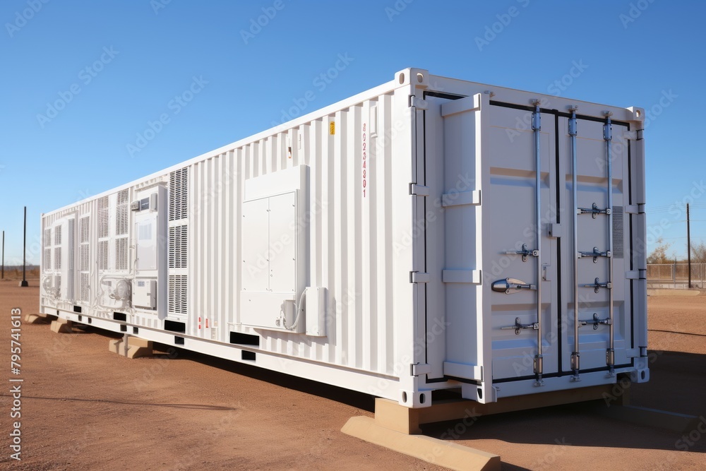An industrial backup generator in a white container with multiple access doors and air vents sits on the ground, ready for use in various industries An industrial backup generator in a white container with multiple access doors and air vents sits on the ground, ready for use in various industries