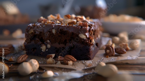 Chocolate brownie with pecans and nuts on a black background