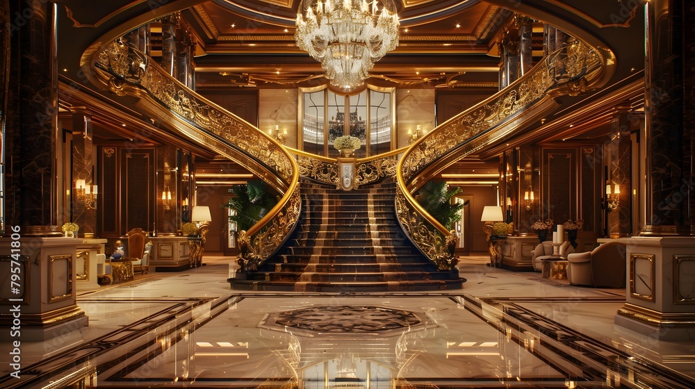 A luxurious hall entryway with marble floors, a grand staircase, and a large crystal chandelier casting reflections