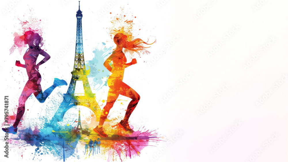 Obraz premium Colorful watercolor paint of runners athlete exercise by eiffel tower