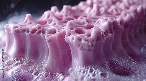   A tight shot of a pink item with numerous bubble-like features at its base