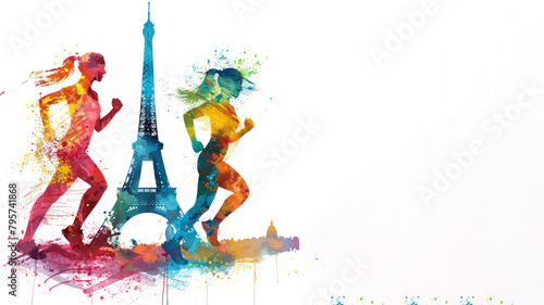 Colorful watercolor paint of runners athlete exercise by eiffel tower