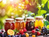 jam and fruits, Homemade assortment of berries and fruits jams in jars, Summer harvest in sweet preserves, confitures or jams