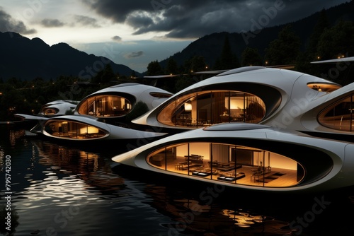 A stunning rendering of modern houseboats with large glass windows floating on a serene lake, encircled by majestic mountains under the dusky sky, creating a picturesque scene