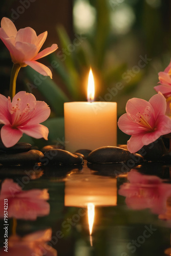 Candles and pink flowers in a natural setting with clean water. A peaceful and relaxing atmosphere with a touch of color and light. Suitable for spa and beauty themes. Natural alternative therapy.