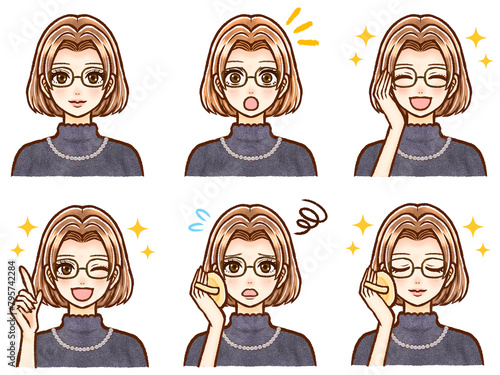 眼鏡をかけたお洒落な茶髪ボブヘア大人女性のイラスト素材セット
