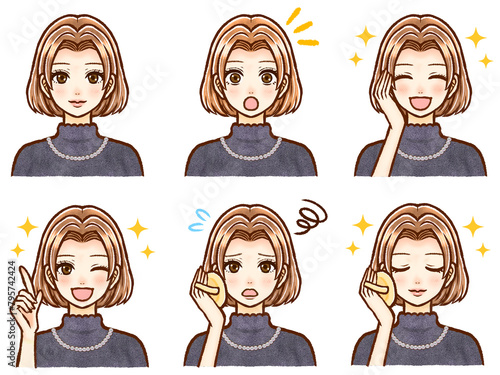 お洒落な茶髪ボブヘア大人女性のイラスト素材セット
