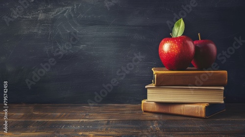 A classic back to school scene featuring stacked books and a red apple on a chalkboard background