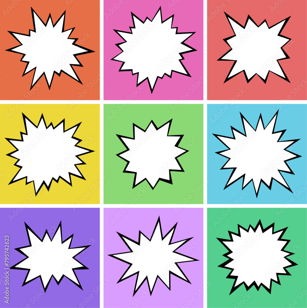 A colorful mosaic of starburst speech bubbles in various pastel hues, creating a cheerful comic book-inspired pattern for lively and creative designs. A colorful mosaic of starburst speech bubbles in various pastel hues, creating a cheerful comic book-inspired pattern for lively and creative designs.