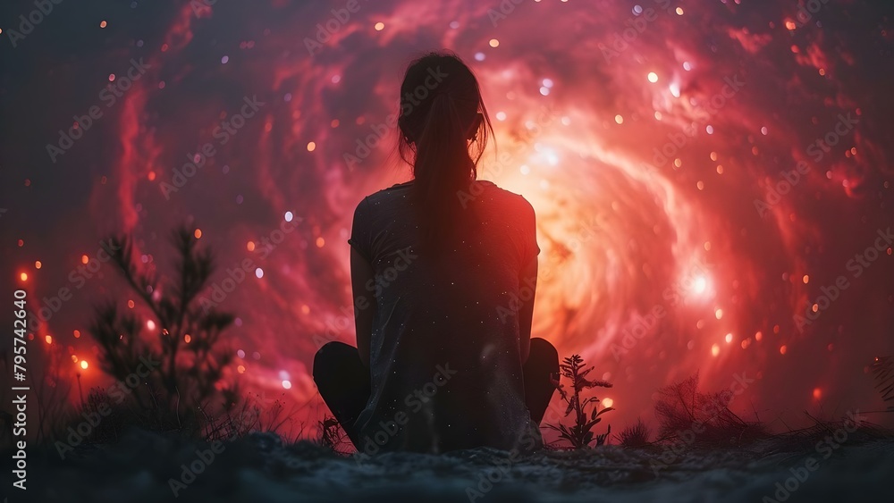 Guided by Lofi Music, a Character Explores Cosmic Realms through Astral Projection. Concept Astral Projection, Cosmic Realms, Lofi Music, Character Exploration, Guided Meditation