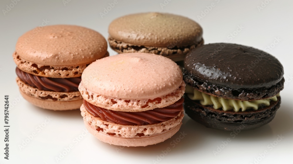   A trio of macaroons aligned on a white countertop One is a plain macaroon The others flank a chocolate macaroon Nearby, a chocolate macaron