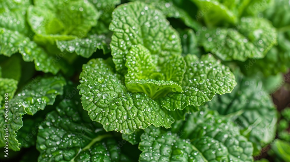 A tight shot of numerous green leaves, adorned with droplets of water clinging to their surfaces and forming atop A tight shot of numerous green leaves, adorned with droplets of water clinging to their surfaces and forming atop