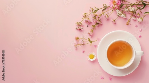 A serene top view of a cup of tea surrounded by fresh flowers, all set against a soft pink background
