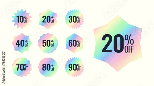 Set of holographic discount icons. Iridescent stickers for sale events. Gradient retro signs with grain for discounts.
