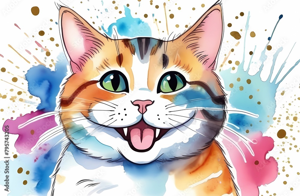Funny portrait of a happy smiling cat on a festive background with confetti. Watercolor style.