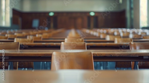 A blurred, defocused view of an empty university classroom, giving a sense of anticipation and the academic environment